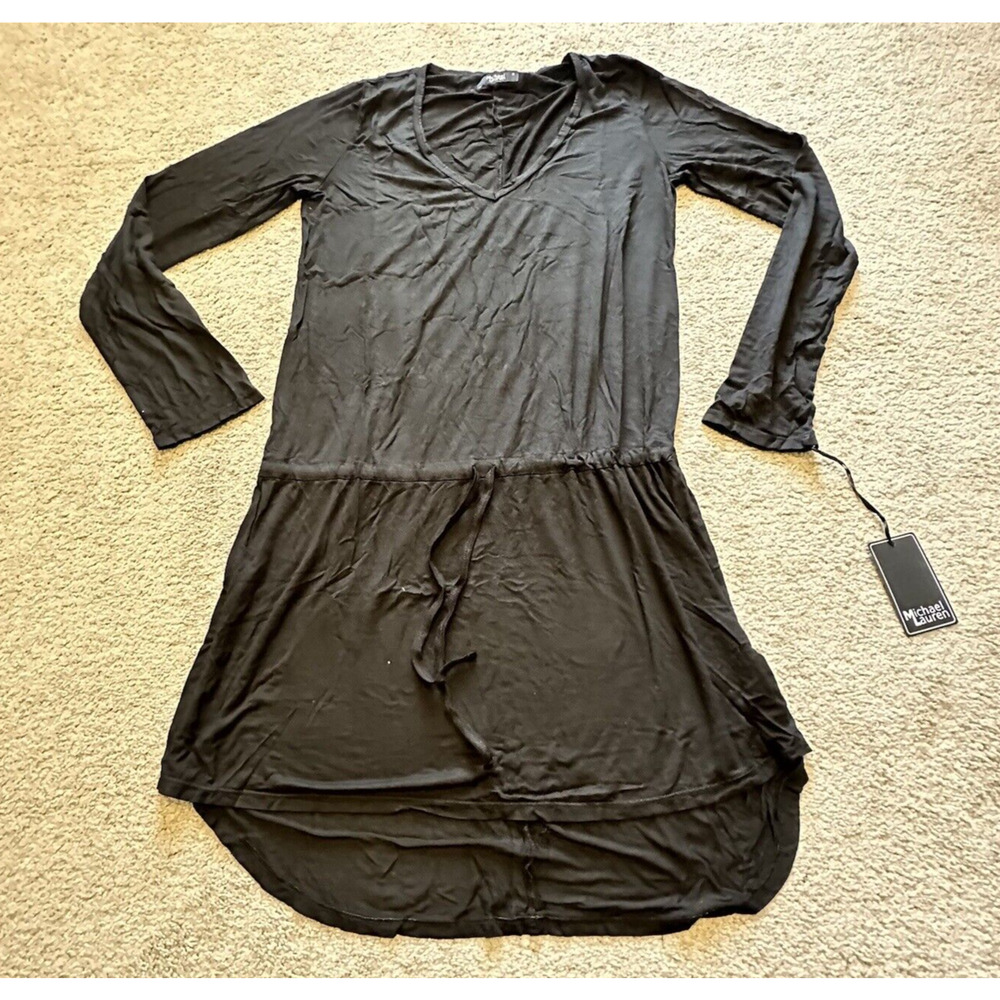 Michael Lauren Women Medium Noel L/S‎ V Neck Dress Drawstring Hi Low Black New